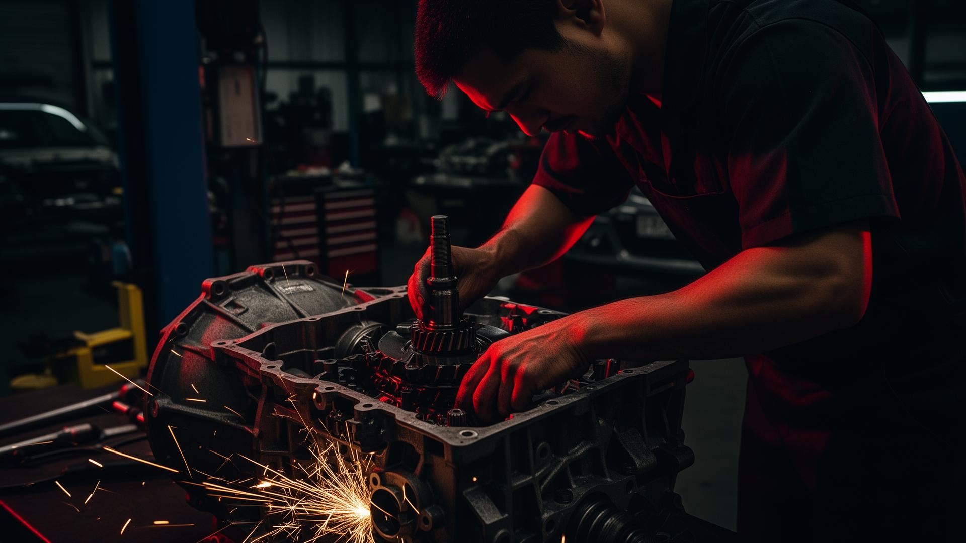 Mechanic repairing automatic transmission at Canal Transmissions